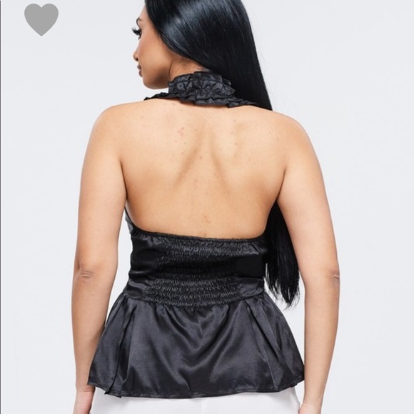 Black Shiny Satin Ruffle Halter Top Stretchy Shirt - Picture 3 of 4